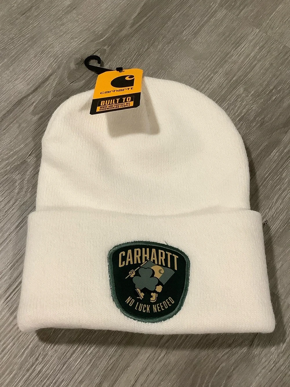 Carhartt knit shamrock patch beanie hat cream color